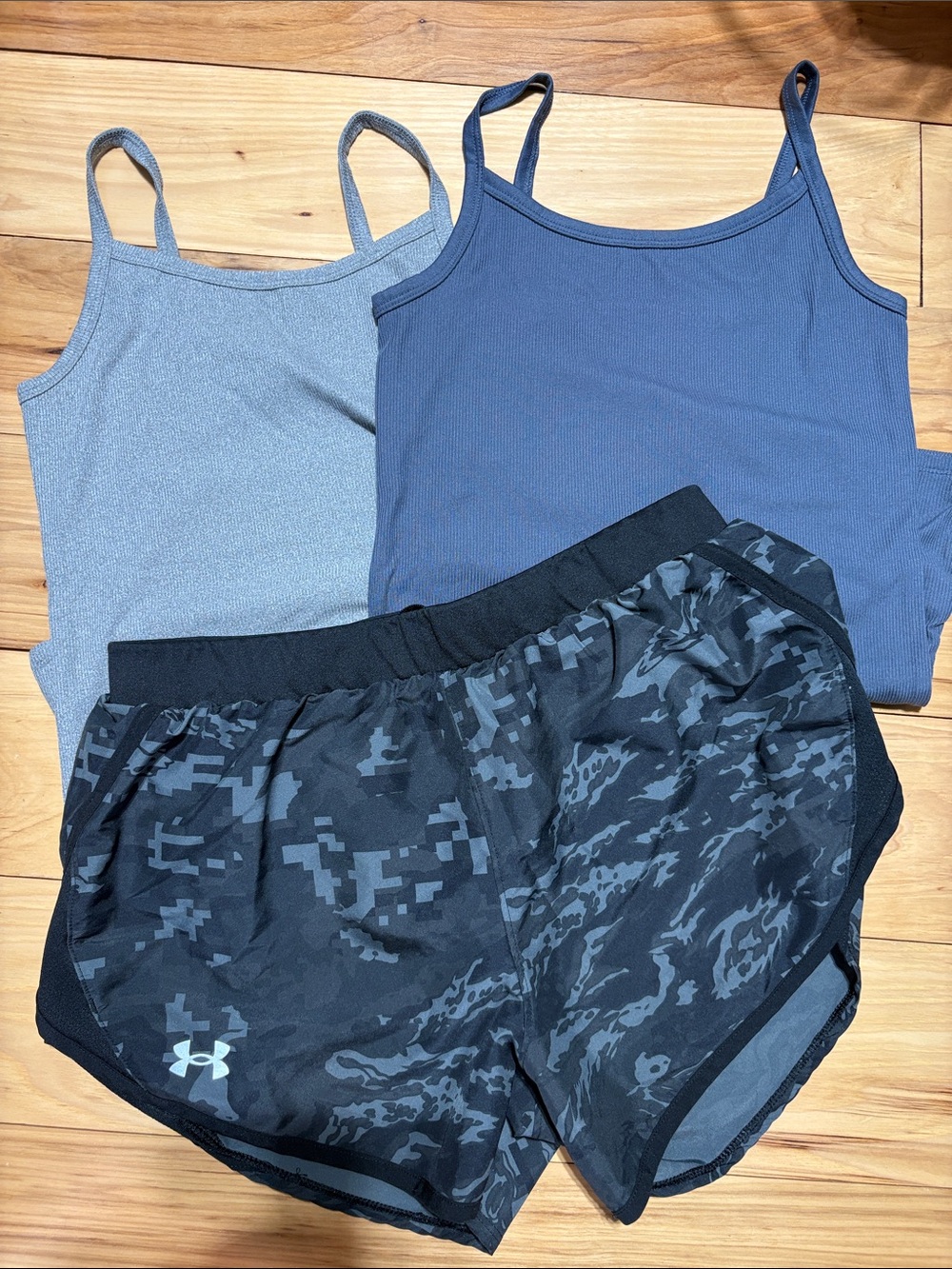 Under Armour Black Camo Shorts with Blue and Gray Tank Tops NWOT Medium